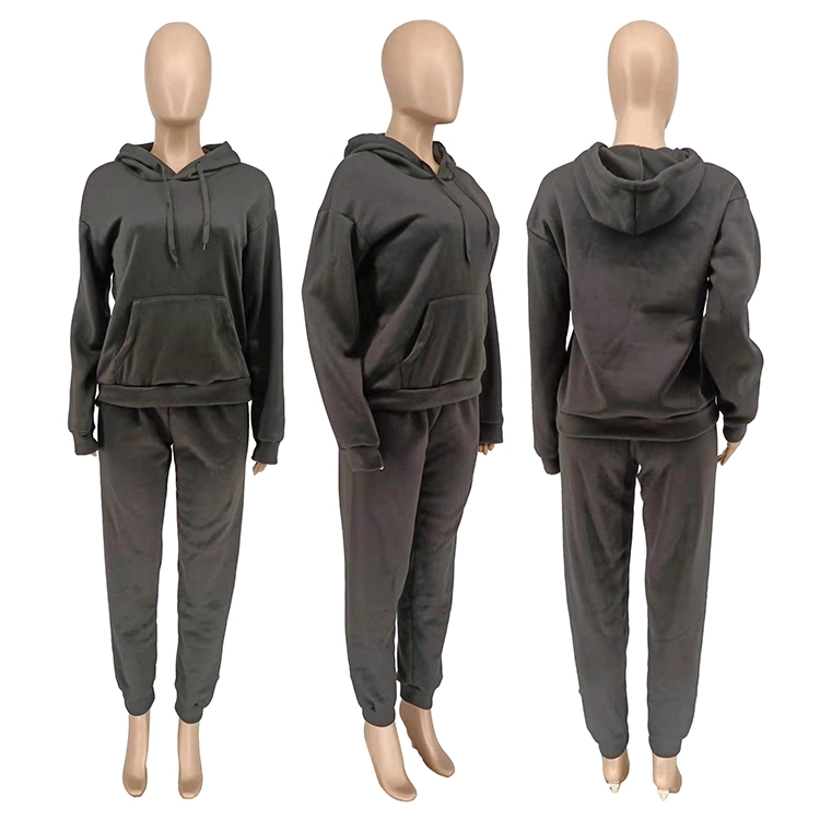 Solid Color Beige Fleece Sweatshirt Hoodie Women Pant Set