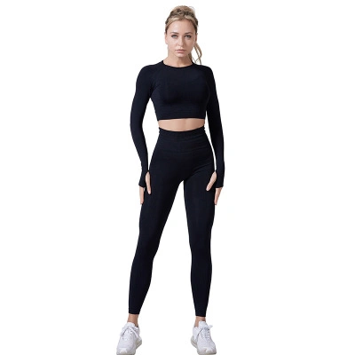 2 pezzi/set tuta sportiva da donna senza cuciture abbigliamento da palestra abbigliamento a maniche lunghe fitness crop top e leggings scrunch set da yoga