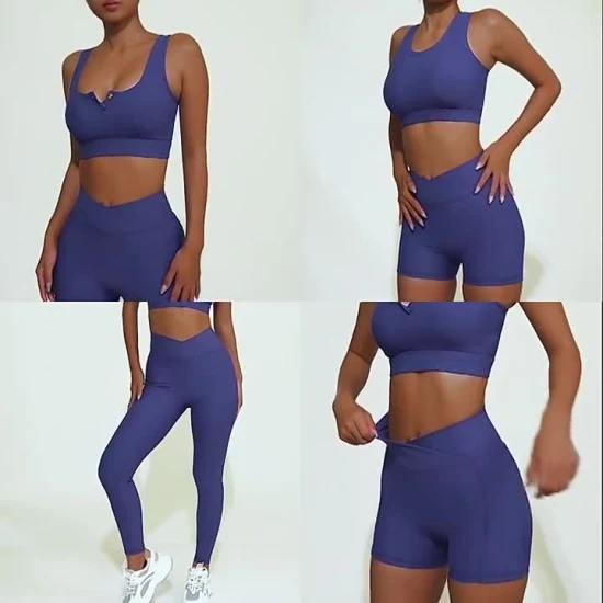 Pantaloncini con taglio a V in nylon nero in spandex a 2 pezzi Set da yoga Set da donna per fitness Set da yoga per donna sportivo sportivo da indossare senza cuciture